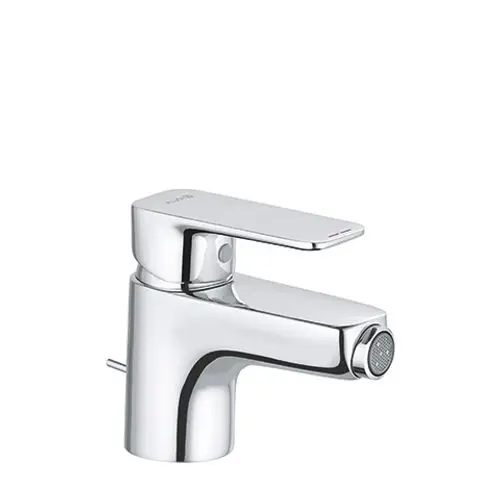Chromfarbener Wasserhahn mit einem flachen Hebel und runder Auslassdüse, geeignet für moderne Waschtische.